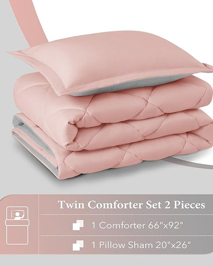 downluxe Twin Comforter Set - Pink and Grey Twin Comforter, Soft Bedding Sets for All Seasons -2 Pieces - 1 Comforter (66"x92") and 1 Pillow Sham(20"x26") - LeafyLoom