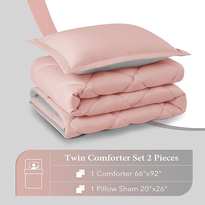 downluxe Twin Comforter Set - Pink and Grey Twin Comforter, Soft Bedding Sets for All Seasons -2 Pieces - 1 Comforter (66"x92") and 1 Pillow Sham(20"x26") - LeafyLoom