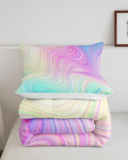 Pastel Rainbow Comforter Set with Pillowcases Abstract Wave Stripes 3D Printed Designs 3 Piece Bedroom Duvet Set Psychedelic Girl Bed Down Comforter for Kids Women Dorm Room (King,Coulourful Marble) - LeafyLoom