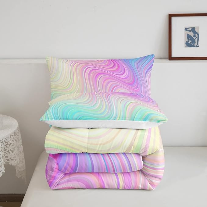 Pastel Rainbow Comforter Set with Pillowcases Abstract Wave Stripes 3D Printed Designs 3 Piece Bedroom Duvet Set Psychedelic Girl Bed Down Comforter for Kids Women Dorm Room (King,Coulourful Marble) - LeafyLoom