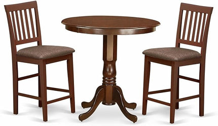 East West Furniture JAVN3-MAH-C 3 Piece Kitchen Counter Set for Small Spaces Contains a Round Dining Table with Pedestal and 2 Linen Fabric Dining Room Chairs, 36x36 Inch, Mahogany - LeafyLoom