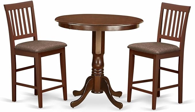 East West Furniture JAVN3-MAH-C 3 Piece Kitchen Counter Set for Small Spaces Contains a Round Dining Table with Pedestal and 2 Linen Fabric Dining Room Chairs, 36x36 Inch, Mahogany - LeafyLoom