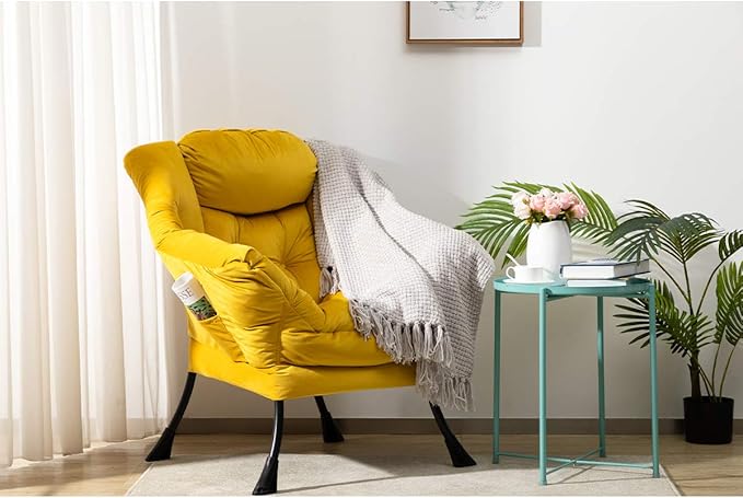 HollyHOME Modern Fabric Large Lazy Chair, Accent Oversized Comfy Reading Chair, Thick Padded Cozy Lounge Chair with Armrest, Steel Frame Leisure Sofa Chair for Living Room, Bedroom, Dorm, Yellow - LeafyLoom