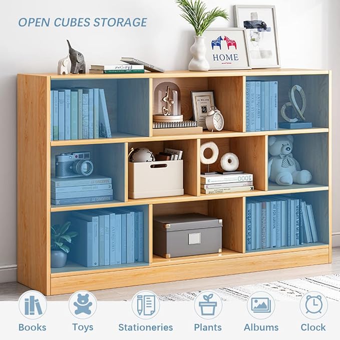 IOTXY Open Shelf Low Bookcase - Wooden 3-Tier Floor Standing Display Cabinet Organizer with Base, 7 Cubes Short Horizontal Bookshelf in Tiffany-Green - LeafyLoom