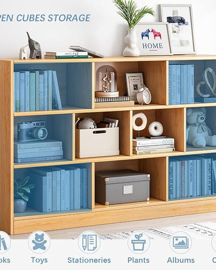 IOTXY Open Shelf Low Bookcase - Wooden 3-Tier Floor Standing Display Cabinet Organizer with Base, 10 Cubes Short Horizontal Bookshelf in Tiffany-Green - LeafyLoom