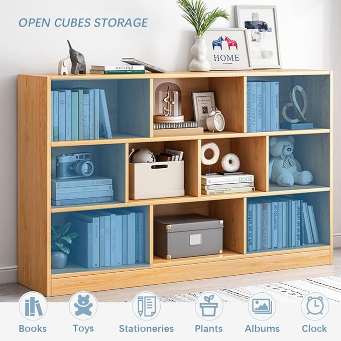 IOTXY Open Shelf Low Bookcase - Wooden 3-Tier Floor Standing Display Cabinet Organizer with Base, 8 Cubes Short Horizontal Bookshelf in Pear Yellow - LeafyLoom