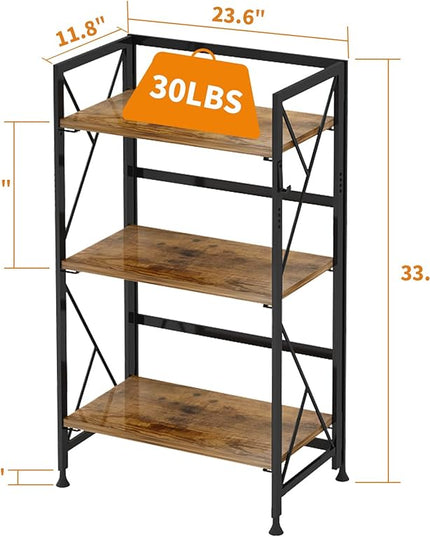 Folding Bookshelf 3 Tier No Assembly Bookcase Industrial Storage Shelves Plant Flower Stand Storage Rack for Home Office Rustic Brown - LeafyLoom