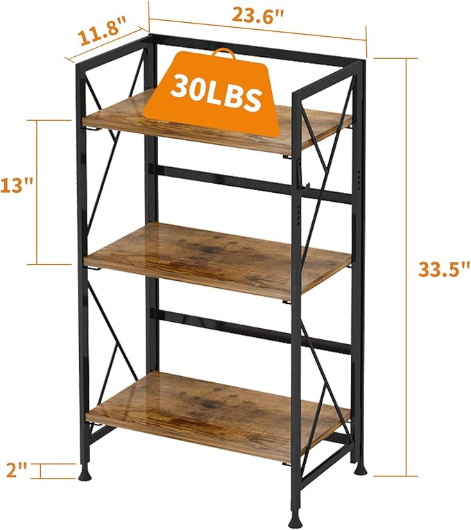 Folding Bookshelf 3 Tier No Assembly Bookcase Industrial Storage Shelves Plant Flower Stand Storage Rack for Home Office Rustic Brown - LeafyLoom