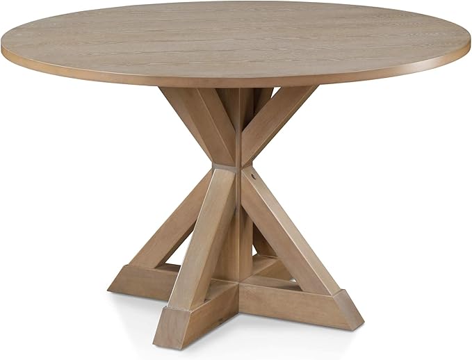 Finch Alfred Round Solid Wood Rustic Dining Table for Farmhouse Kitchen Room Decor, Wooden Trestle Pedestal Base, 46.5" Wide Circular Tabletop, Distressed Beige, 47 in x 47 in x 29.2 in - LeafyLoom