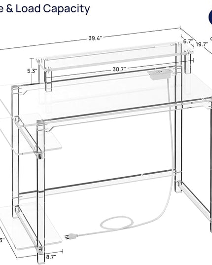 HMYHUM Acrylic Gaming Desk with LED Lights & Charging Station, Clear Computer Desk with Monitor Stand and Shelves, Home Office Desk with USB Ports & Outlet, 39.4" L x 19.7" W x 29.5" H - LeafyLoom