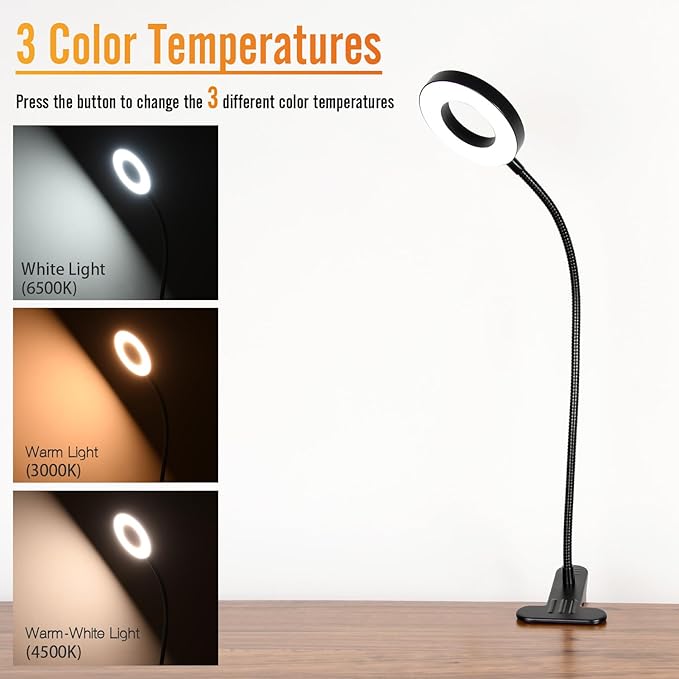 Clamp on Lamp, Desk Lamps, 8W Clip Light, Warm & Daylight & White Light 3 Colors, 10 Dimmable Illumination Modes (Black) - LeafyLoom