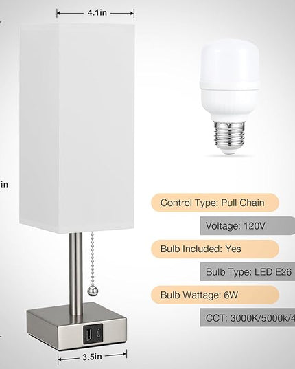 White Small Lamp for Bedroom - 3 Color Temperature 3000K 5000K 4000K Bedside Lamp, Pull Chain Control, USB A and C Charging Ports, Silver Base, for Kids Office Dorm nightstand, Bulb Included - LeafyLoom