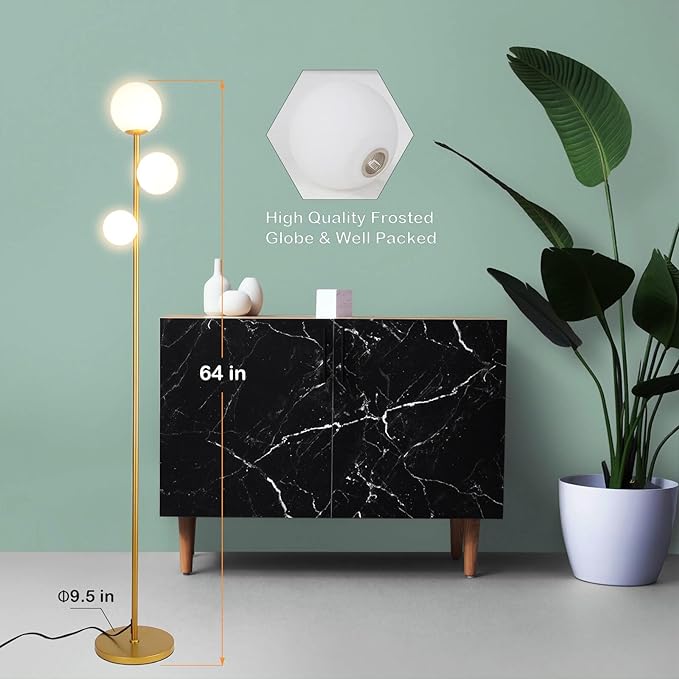 3 Globe Mid Century Modern Floor Lamp for Living Room, Contemporary Gold Lamp with Frosted Glass Shade and Bulbs Included, LED Standing Tall Pole Lamp for Bedrooms, Office - Antique Brass - LeafyLoom