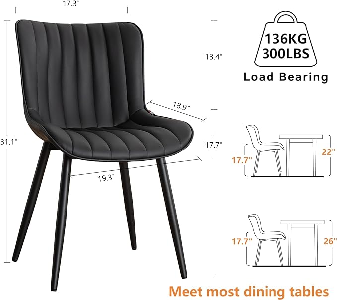 YOUNUOKE Black Dining Chairs Set of 2 Upholstered Mid Century Modern Kitchen Chair Armless Faux Leather Accent Dinning Side Chairs with Back and Metal Legs for Guest Waiting Reception Living Room - LeafyLoom