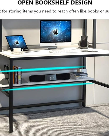 Aquzee Computer Desk with Hutch and Bookshelf, 47 inch Wide White Home Office Desk with 3 Tier Storage Shelves, for Study Writing Work, Easy Assemble - LeafyLoom