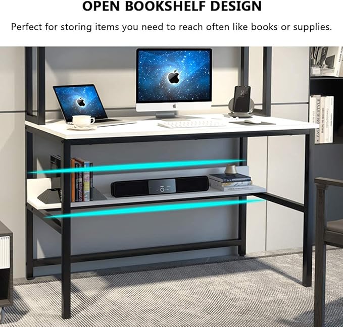 Aquzee Computer Desk with Hutch and Bookshelf, 47 inch Wide White Home Office Desk with 3 Tier Storage Shelves, for Study Writing Work, Easy Assemble - LeafyLoom