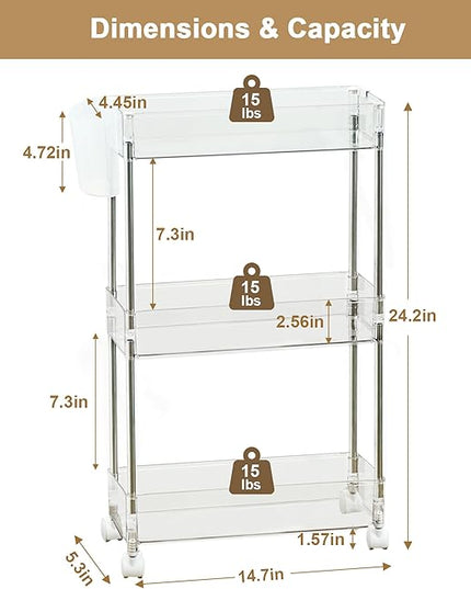 VECELO 3-Tier Clear Rolling Storage Cart,Acrylic Bathroom Utility Cart Kitchen Storage Organizers,Mobile Carts with 2 Lockable Wheels&Hooks for Livingroom Office Home,Clear - LeafyLoom