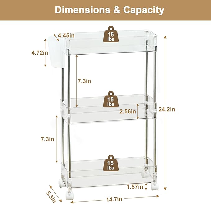 VECELO 3-Tier Clear Rolling Storage Cart,Acrylic Bathroom Utility Cart Kitchen Storage Organizers,Mobile Carts with 2 Lockable Wheels&Hooks for Livingroom Office Home,Clear - LeafyLoom