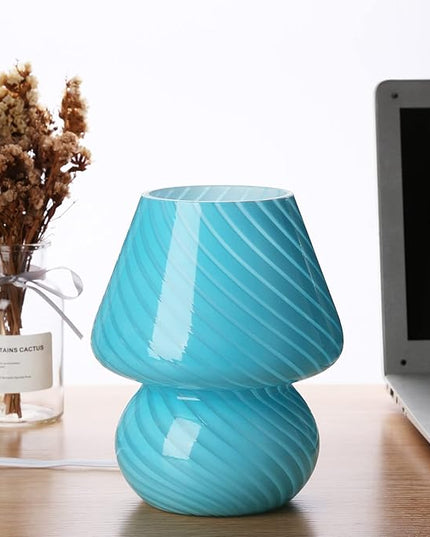 Mushroom Lamp,Glass Arctic Blue Mushroom Bedside Table Lamps Vintage Translucent Murano Style Striped Small Nightstand Desklamp Swirl Light for Home Decor, Dining, Living, Bedroom, Gift (Stripe Blue) - LeafyLoom