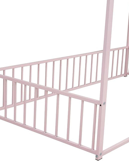 RITSU Twin Size Montessori Floor Bed, Metal House Bedframe with Fence, Robust Construction is Used, for Children'S Rooms, Boys Girls, No Box Spring Needed, Easy Assembly, Pink - LeafyLoom