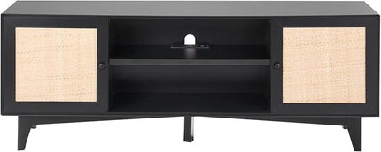 VEVOR Rattan TV Stand for 75in TV, Boho TV Stand with Rattan Door, Entertainment Center with Build-in Socket, Storage Cabinet with 2 Shelves, Modern TV Console for Living Room, Media Room, Black - LeafyLoom