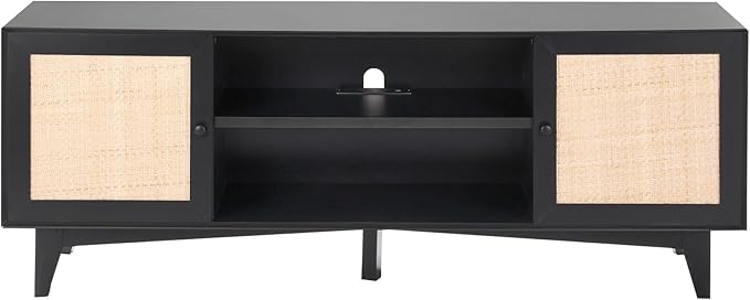 VEVOR Rattan TV Stand for 75in TV, Boho TV Stand with Rattan Door, Entertainment Center with Build-in Socket, Storage Cabinet with 2 Shelves, Modern TV Console for Living Room, Media Room, Black - LeafyLoom
