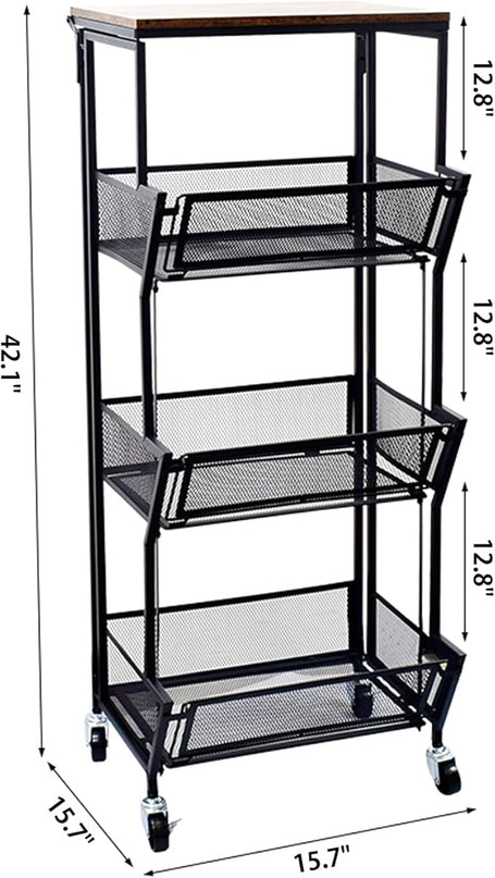 Slim Rolling Storage Cart,4 Tier Kitchen Storage Cart on Wheels,Small Metal Rolling Cart with Wooden Tabletop for Narrow Space in Kitchen,Bathroom,Laundry/Dining/Living Room,Office - LeafyLoom
