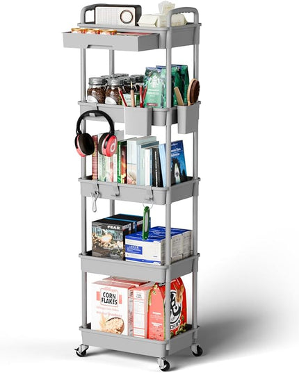 5 Tier Small Rolling Cart Organizer,Bathroom Cart Organizers with Wheels Laundry Room Organization Mobile Shelving Unit Utility Cart Storage Shelves Multi-Functional for Office, Home(Grey) - LeafyLoom