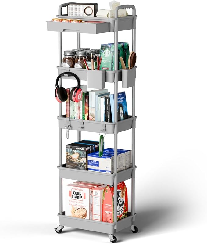 5 Tier Small Rolling Cart Organizer,Bathroom Cart Organizers with Wheels Laundry Room Organization Mobile Shelving Unit Utility Cart Storage Shelves Multi-Functional for Office, Home(Grey) - LeafyLoom