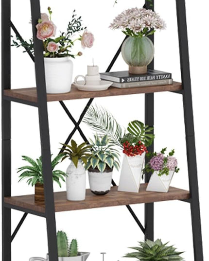 BON AUGURE Industrial Ladder Shelf Bookcase, 4 Tier Rustic Ladder Bookshelf, Standing Leaning Book Shelves for Living Room (Rustic Oak) - LeafyLoom