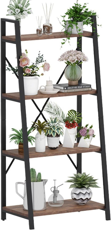 BON AUGURE Industrial Ladder Shelf Bookcase, 4 Tier Rustic Ladder Bookshelf, Standing Leaning Book Shelves for Living Room (Rustic Oak) - LeafyLoom