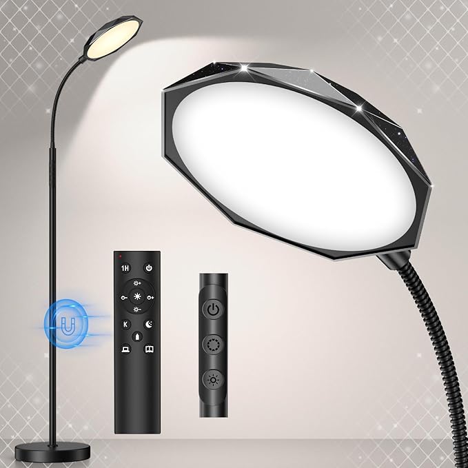 LED Floor Lamp, 18W Bright Floor Lamps for Living Room, Stepless Adjustable Colors & Brightness Standing Lamp with Timer, Remote & Touch Control, Eye Caring Reading Lights for Bedroom,Office - LeafyLoom