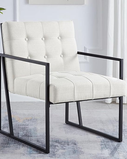 24KF Mid-Century Ivory Linen Button Tufted Accent Chair with Metal Stand, Decorative Furniture Chairs for Living Room Bedroom - Ivory - LeafyLoom