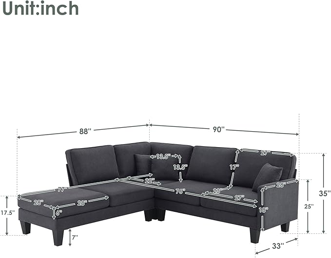 90" Modern L-Shape Sectional Sofa with Chaise Lounge,5-Seat Practical Couch Set W/ 3 Pillows,7''Leg Height,Minimalist Style,Indoor Furniture for Living Room Apartment Office,Grey Terrycloth - LeafyLoom