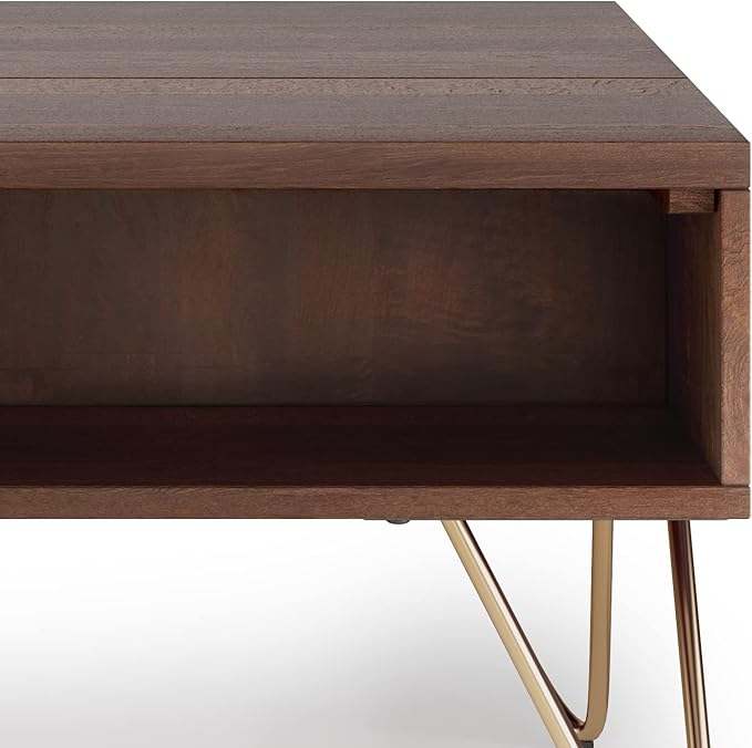 SIMPLIHOME Hunter SOLID MANGO WOOD and Metal 36 inch Wide Rectangle Industrial Contemporary Small Lift Top Coffee Table in Umber Brown And Gold, for the Living Room and Family Room - LeafyLoom