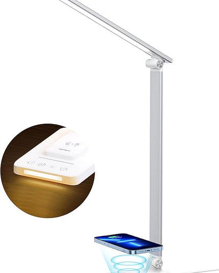 LED Desk Lamp, Desk Lamp with Wireless Charger, Dimmable Eye-Caring Table Lamps with Night Light, USB Charging Port, 4 Color Modes, 4 Brightness Levels, Memory Function, Desk Light for Home Office - LeafyLoom