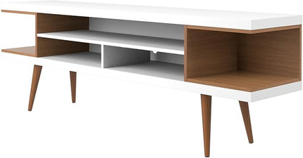 Manhattan Comfort Utopia 70.47" Freestanding Entertainment Center for Living Room, Mid Century Modern TV Stand with Shelves, Storage and Media Holes, Fits 65" Screens, 70.47 Inches, White and Maple - LeafyLoom