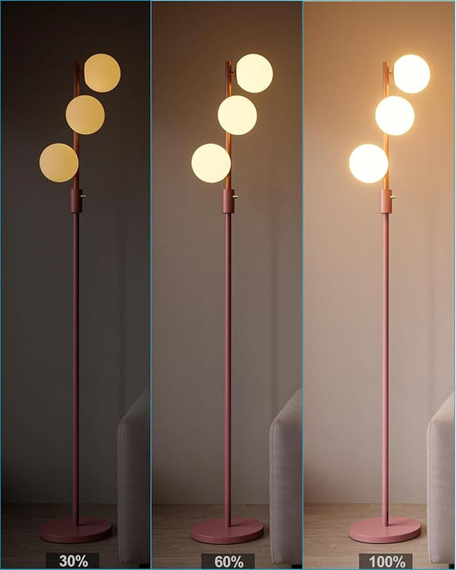 64IN Dimmable Pink Floor Lamp, Tall Standing Lamps with 3 Globe Soft Warm White Eye Care 3000K G9 Bulbs, Mid Century Modern Floor Lamp for Bedroom Office - LeafyLoom