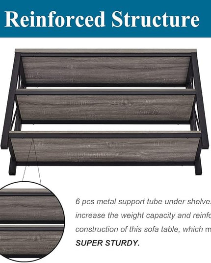BON AUGURE Rustic Sofa Table Behind Couch, Industrial Console Tables for Entryway, 3 Tier Wood Shelves Entry Table with Storage for Foyer, Hallway, Front Door (47 Inch, Dark Grey Oak) - LeafyLoom