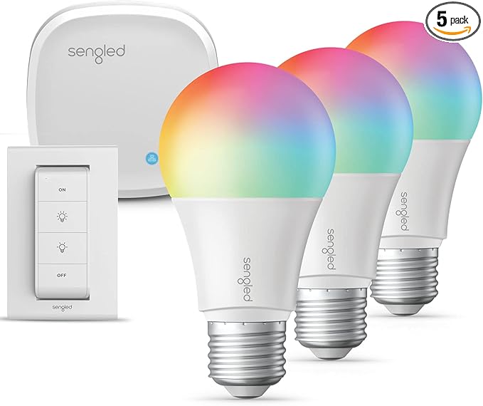 Sengled Color Changing Bulbs That Works with Alexa, Google Home, 3 Pack Starter Kit with Smart Switch, RGB Light A19 E26 Dimmable LED 60W Equivalent, 800LM, 5 Piece Set, White, 3 Count Sengled