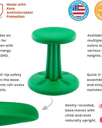 Kore Kids Wobble Chair - Flexible Seating Stool for Classroom & Elementary School, ADD/ADHD - Made in The USA - Age 6-7, Grade 1-2, Green (14in) - LeafyLoom