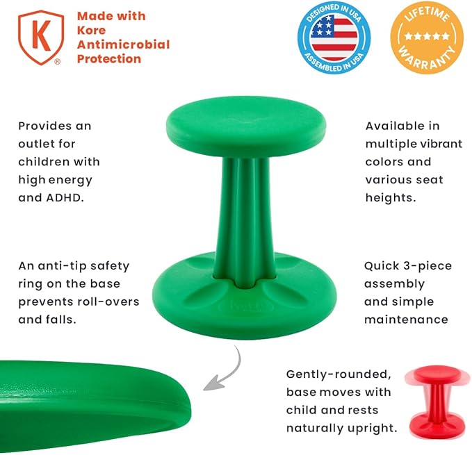 Kore Kids Wobble Chair - Flexible Seating Stool for Classroom & Elementary School, ADD/ADHD - Made in The USA - Age 6-7, Grade 1-2, Green (14in) - LeafyLoom