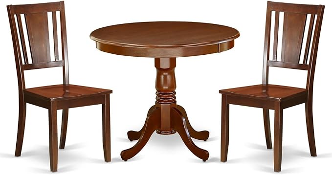 East West Furniture ANDU3-MAH-W Antique 3 Piece Set Contains a Round Kitchen Table with Pedestal and 2 Dining Room Chairs, 36x36 Inch, Mahogany - LeafyLoom
