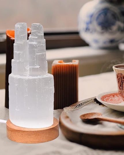 JIC Gem USB Selenite Lamp Twin Tower Healing Crystal Lamp Natural Selenite Skyscraper Lamp 6 Inch with Wooden LED Light Stand Base - LeafyLoom