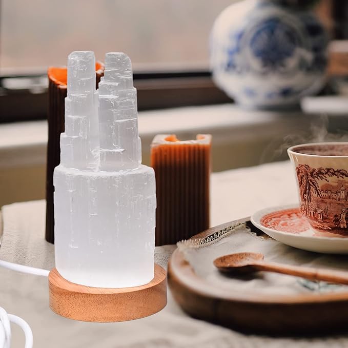 JIC Gem USB Selenite Lamp Twin Tower Healing Crystal Lamp Natural Selenite Skyscraper Lamp 6 Inch with Wooden LED Light Stand Base - LeafyLoom