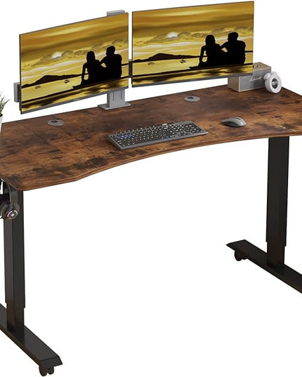 Mobile Rolling Electric Standing Desk Height Adjustable, 55 x 30 Inches Sit to Stand Desk with Splice Board, Black Frame/Rustic Brown Top - LeafyLoom