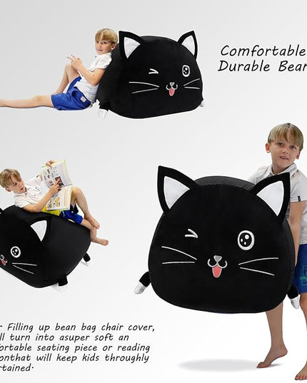 Black Cute Cat Toy Organizers Stuffed Animal Storage Bean Bag Chair for Boys and Girls, Home Game & Recreation Room Kids Furniture Beanbags - LeafyLoom