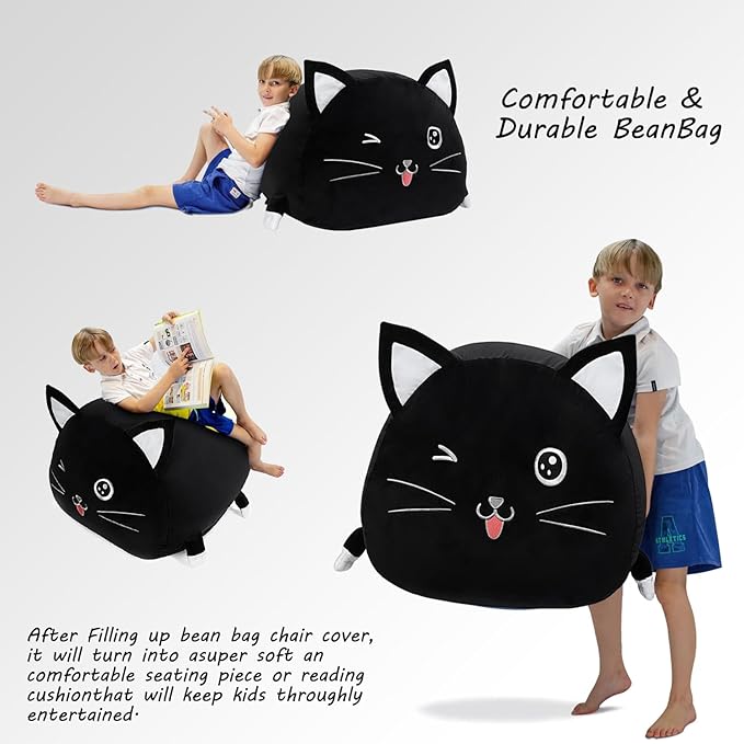 Black Cute Cat Toy Organizers Stuffed Animal Storage Bean Bag Chair for Boys and Girls, Home Game & Recreation Room Kids Furniture Beanbags - LeafyLoom