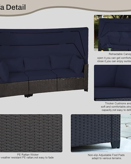 6 PCS Outdoor Patio Furniture Set,Sectional Sofa Set,Rattan Daybed with Retractable Canopy,Adjustable Backrest,Storage Coffee Table,Chaise Chair Sunbed for Garden Poolside Backyard(Navy Blue) - LeafyLoom