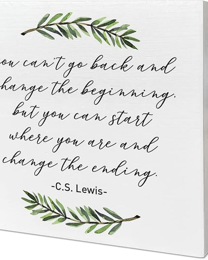 Home Office Desk Wooden Box Sign Decor, You Can't Go Back and Change The Beginning, Inspirational Quotes Desk Decor Motivational Desk Decorations for Women Men Alcoholics Anonymous Counselor Therapist - LeafyLoom